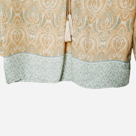 ROSE + OLIVE Womens Beige Tan S Tunic Top Long Sleeve Paisley Print Boho V-Neck - Picture 3 of 9